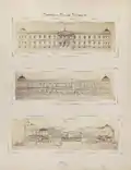 Proyecto de Palacio de Biblioteca y Museos Nacionales de Antonio Ruiz de Salces. Alzado a Recoletos, alzado a Serrano y sección este-oeste. Papel albúmina sobre cartulina.
