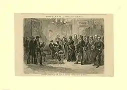 Grabado de Ramón Padró y Pedret que representa al rey Alfonso XII y al general Espartero en Logroño, 1875.