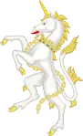 El unicornio, soporte escocés de los escudos del Reino Unido y de aquella región.Consiste en la figura de un unicornio de plata colletado de una corona real inglesa abierta oro.