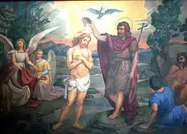 San Juan el Bautista bautiza a Jesús en el Jordán; pintura de Giorgetti di Assisi.