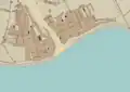 Plano levantado por Antonio Reviere en 1742, donde aparecen los barrios de Vegueta (a la izquierda) y Triana, separados por el Guiniguada.