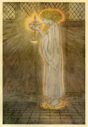 How at the Castle of Corbin a Maiden Bare in the Sangreal and Foretold the Achievements of Galahad, de El romance del Rey Arturo y sus caballeros de la Tabla Redonda, de Alfred W. Pollard, 1917. Obra de Arthur Rackham.