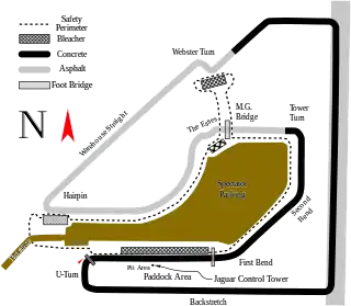 El trazado de la pista desde 1952 hasta 1966 (primera variación). Longitud: 8.356 metros. Récord de vuelta: Dan Gurney, Ford GT40, 2'54,6 (1966)