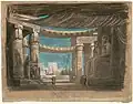 Diseño de escenografía para el cuadro 2 del Acto 2 ("Entrada a Tebas") del estreno de la ópera Aida.