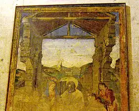 Compárese el entorno arquitectónico que caracteriza las Adoraciones de Perugino con el del fresco del mismo tema de Paolo de San Leocadio en la catedral de Valencia, fechable en 1472.