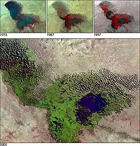 Imagen de satélite de 2001 del lago Chad. El lago se ha reducido en un 95 % desde 1960.