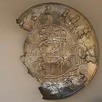Possible Kushano-Sasanian plate, excavated in Rawalpindi, Pakistan, 350-400 CE. British Museum 124093.