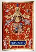 Ilustración de Simon Bening con el escudo Felipe el Hermoso, adornado con la cimera castellana.