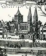 Detalle con la Basílica , 1531-57, grabado en madera  "Grandes vues de Cologne"