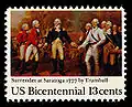 Estampilla conmemorativa del Bicentenario de Estados Unidos que representa la rendición inglesa tras la Batalla de Saratoga.