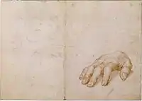 Louvre, Study of right hand of Erasmus, with sketch of face. The hand relates to the London portrait; the face seems to be later, and related to the roundel of c. 1532