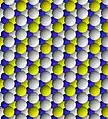 Vista de la lámina trioctaédrica del talco. Las esferas amarillas son de hidroxilo; las azules, de magnesio. Los sitios de unión del oxígeno apical son blancos.