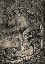Hallazgo de los cuerpos de San Pedro y San Pablo, grabado de Castiglione.