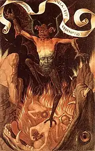 Demonio con apariencia típica medieval. Piernas de animal, alas de murciélago y una cara en la región abdominal. Tríptico de Hans Memling 1485