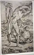 Dos desnudos masculinos en un paisaje, grabado de Domenico Beccafumi, ca. 1537.