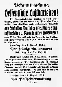 Aviso publicado en un periódico local del norte de Alemania en 1914 sobre la prohibición de bailar dictada con motivo de la guerra.