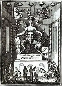 Representación difamatoria de Huitzilopochtli, llamado ”Uitziliputzili” en el libro francés Description de l'univers del 1683