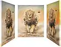 The same  ‘chameleon-painting’ ‘Attacking Lion’ - shown from the left, front and right, sand and paint, 2007, 100 x 80 cm
