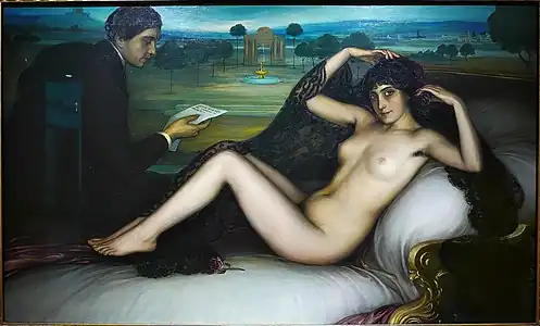 Raquel Meller desnuda protagoniza el cuadro Venus de la poesía (1913), de Julio Romero de Torres. A la izquierda, su pareja, el poeta Enrique Gómez Carrillo.