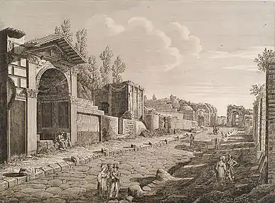 Via dei Sepolcri in Pompei (aguafuerte, 1830 de Luigi Rossini.