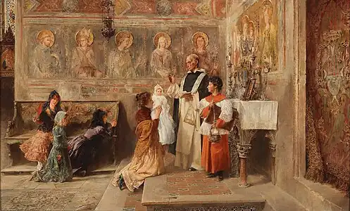 Bautismo en Asís, de Vicente Poveda, 1899. Este lugar parecía ser muy del gusto de los pintores españoles: véase una escena muy similar de José Gallegos Arnosa y otra, muy anterior, más cercana al género "casacón" de José Jiménez Aranda.