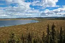 Un lac, entouré d'une zone plate avec très peu d'arbres et quelques douces collines boisées à l'arrière-plan.