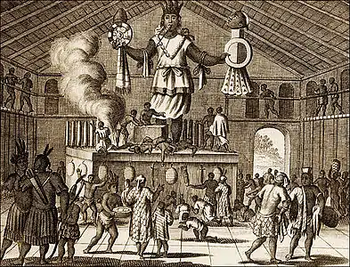 Para representar una escena de práctica religiosa en Virginia USA, Arnoldus Montanus en su obra "America" del 1671 se basa en el libro "Descripción de las Indias Occidentales" de Antonio de Herrera y Tordesillas. El artista transformó al dios mexicano en un gran ídolo y lo colocó en un espacio basado en un templo mexicano. La escena representaba de manera falsa a los nativos de Virginia con una cultura casi idéntica a la de México.