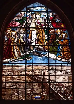 Vidriera de la invocación hecha a Nuestra Señora de las Ayudas para salvar el suburbio de Viena de las inundaciones de 1866.
