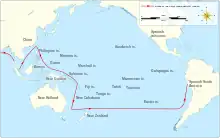 Un mapa de los océanos indios y del Pacífico que muestran la ruta simplificada de la nave de Surville Saint Jean-Baptiste