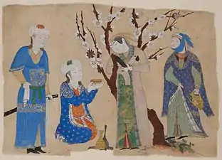 Una pintura llamada Bebiendo vino en un jardín de primavera, ca. 1430, oro y acuarela opaca sobre seda sin teñir