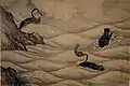 Los cormoranes de Kamashiro Yuhi capturan peces, un pergamino colgado en seda. (1755)