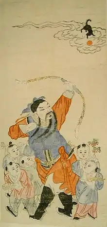 El inmortal Zhang Guo Lao disparando al Tiangou
