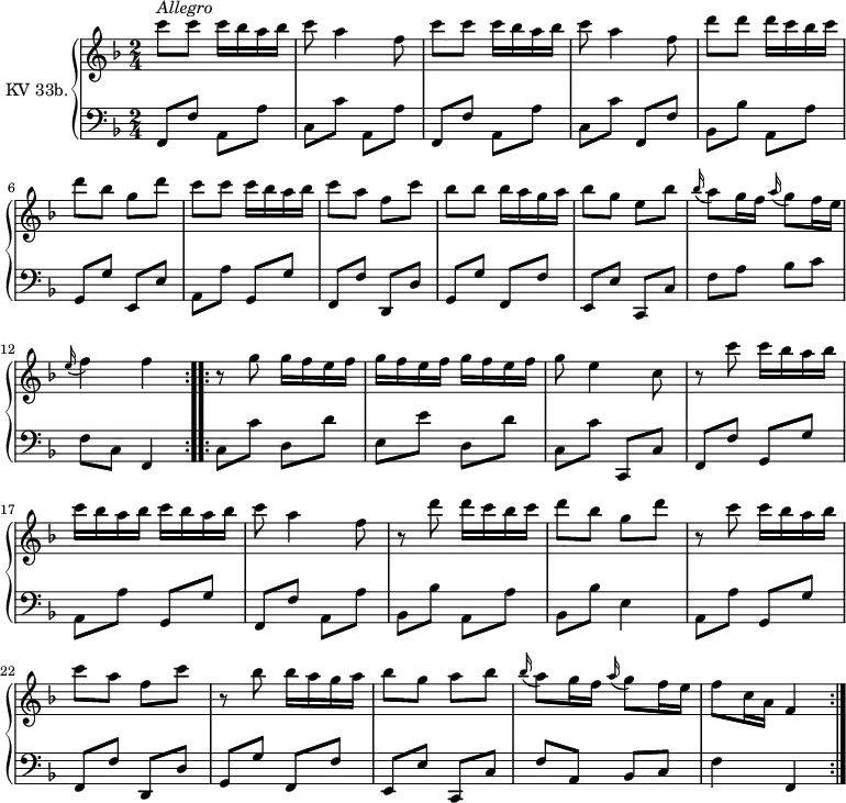 \version "2.14.2"
\header {
tagline = ##f
}
upper = \relative c'' {
\clef "treble"
\tempo "Allegro"
\key f \major
\time 2/4
\tempo 4 = 100
\tempo "Allegro"
\set Staff.midiInstrument = #"dulcimer"
\repeat volta 2 { c'8^\markup \italic { Allegro } c c16 bes a bes
c8 a4 f8
c'8 c c16 bes a bes
c8 a4 f8
d'8 d d16 c bes c
d8 bes g d'
c8 c c16 bes a bes
c8 a f c'
bes8 bes bes16 a g a
bes8 g e bes'
\grace bes16 (a8) g16 f \grace a16 (g8) f16 e
\grace e16 (f4) f
}
\repeat volta 2 {
r8 g g16 f e f
g f e f g f e f
g8 e4 c8
r8 c'8 c16 bes a bes
c bes a bes c bes a bes
c8 a4 f8
r8 d'8 d16 c bes c
d8 bes g d'
r8 c8 c16 bes a bes
c8 a f c'
r8 bes8 bes16 a g a
bes8 g a bes
\grace bes16 (a8) g16 f \grace a16 (g8) f16 e
f8 c16 a f4
}
}
lower = \relative c {
\clef "bass"
\key f \major
\time 2/4
\set Staff.midiInstrument = #"harpsichord"
\repeat volta 2 {
f,8 f' a, a'
c, c' a, a'
f, f' a, a'
c, c' f,, f'
bes, bes' a, a'
g, g' e, e'
a, a' g, g'
f, f' d, d'
g, g' f, f'
e, e' c, c'
f a bes c
f, c f,4
}
\repeat volta 2 {
c'8 c' d, d'
e, e' d, d'
c, c' c,, c'
f, f' g, g'
a, a' g, g'
f, f' a, a'
bes, bes' a, a'
bes, bes' e,4
a,8 a' g, g'
f, f' d, d'
g, g' f, f'
e, e' c, c'
f a, bes c
f4 f,
}
}
\score {
\new PianoStaff <<
\set PianoStaff.instrumentName = #"KV 33b."
\new Staff = "upper" \upper
\new Staff = "lower" \lower
>>
\layout {
\context {
\Score
\remove "Metronome_mark_engraver"
}
}
\midi { }
}