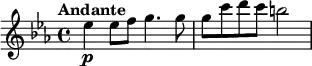 
\relative c'' {
\tempo "Andante"
  \override TupletBracket #'stencil = ##f
  \override Score.BarNumber #'stencil = ##f
  \key es \major
  es4\p es8 f g4.g8 |
  g8 c d c b2 |

}
