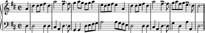 \version "2.14.2"
\header {
tagline = ##f
}
upper = \relative c'' {
\set Staff.midiInstrument = "trumpet"
\clef treble
\key d \major
\time 2/2
\tempo 2 = 65
\partial 4 a4 d d8 e fis4 d a'2 fis4.\prall fis8 g4 a8 g fis g a4 e8 d e fis e4
a, d d8 e fis4 d a'2 fis4.\prall fis8 g a fis g e4.\prall d8 d2. \bar "||"
}
lower = \relative c {
\set Staff.midiInstrument = "church organ"
\clef bass
\key d \major
\partial 4 d4 d2 d4 d cis a d4. d8 g,4 g d'8 e fis g a2 a8 g fis e
d2 d4 d cis a d4. d8 g4 d a' a, d2.
}
\score {
\new PianoStaff <<
\new Staff = "upper" \upper
\new Staff = "lower" \lower
>>
\layout {
\context {
\Score
\remove "Metronome_mark_engraver"
}
}
\midi { }
}