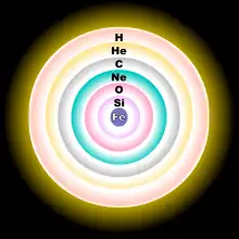 Un diagrama de una esfera concéntrica mostrando, desde el núcleo hasta la corteza exterior, estratos de hierro, silicio, oxígeno, neón, carbón, helio e hidrógeno.