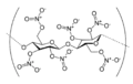 Nitrocelulosa, polímero orgánico que contiene muchos grupos éster de nitrato.