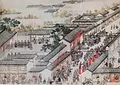 Proyección oblicua: Entrada y patio de un yamen. Detalle del rollo sobre la ciudad de Suzhou, obra de Xu Yang encargada por el emperador Qianlong. Siglo XVIII