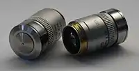 Dos objetivos de microscopio de inmersión de aceite Leica (izquierdo 100×, derecho 40×).