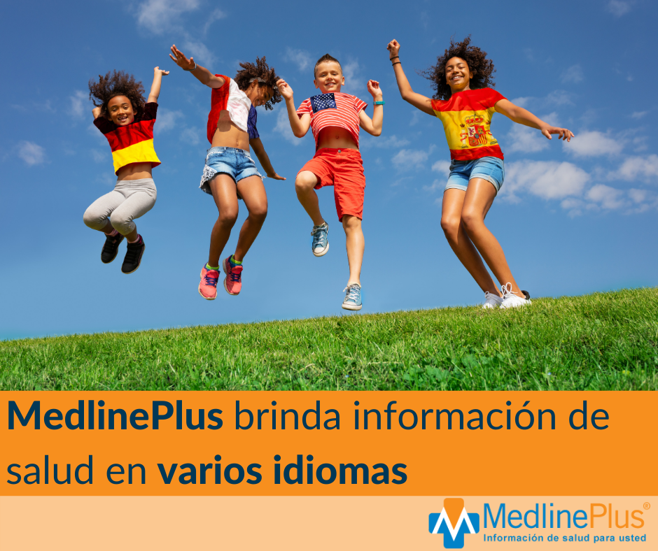 Niños saltan en una ladera con césped usando remeras con diferentes banderas nacionales. Logo de MedlinePlus.