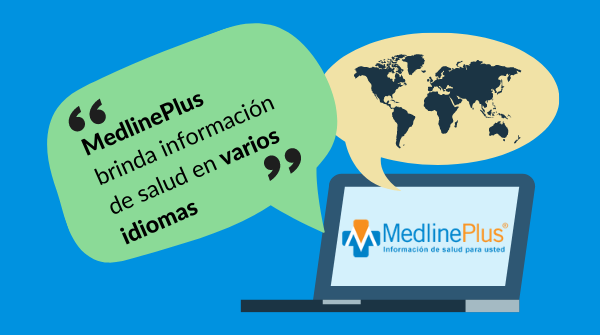 Dos burbujas de texto dicen 'MedlinePlus has health information in multiple languages' y 'MedlinePlus brinda información de salud en varios idiomas'. Logo de MedlinePlus.