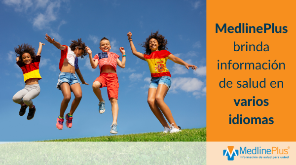 Niños saltan en una ladera con césped usando remeras con diferentes banderas nacionales. Logo de MedlinePlus.