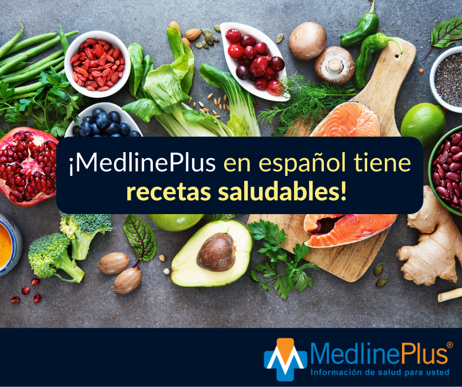 Pescado, vegetales frescos y el logo de MedlinePlus.