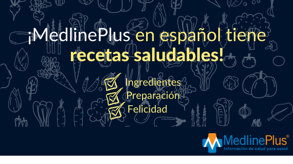Frutas, vegetales y el logo de MedlinePlus.