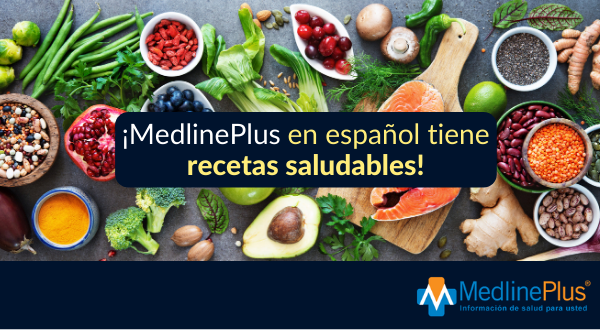 Pescado, vegetales frescos y el logo de MedlinePlus.